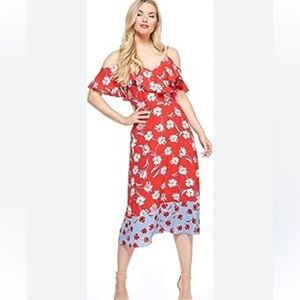 Roz & Ali red blue floral cold shoulder thin strap midi dress ruffled 8P